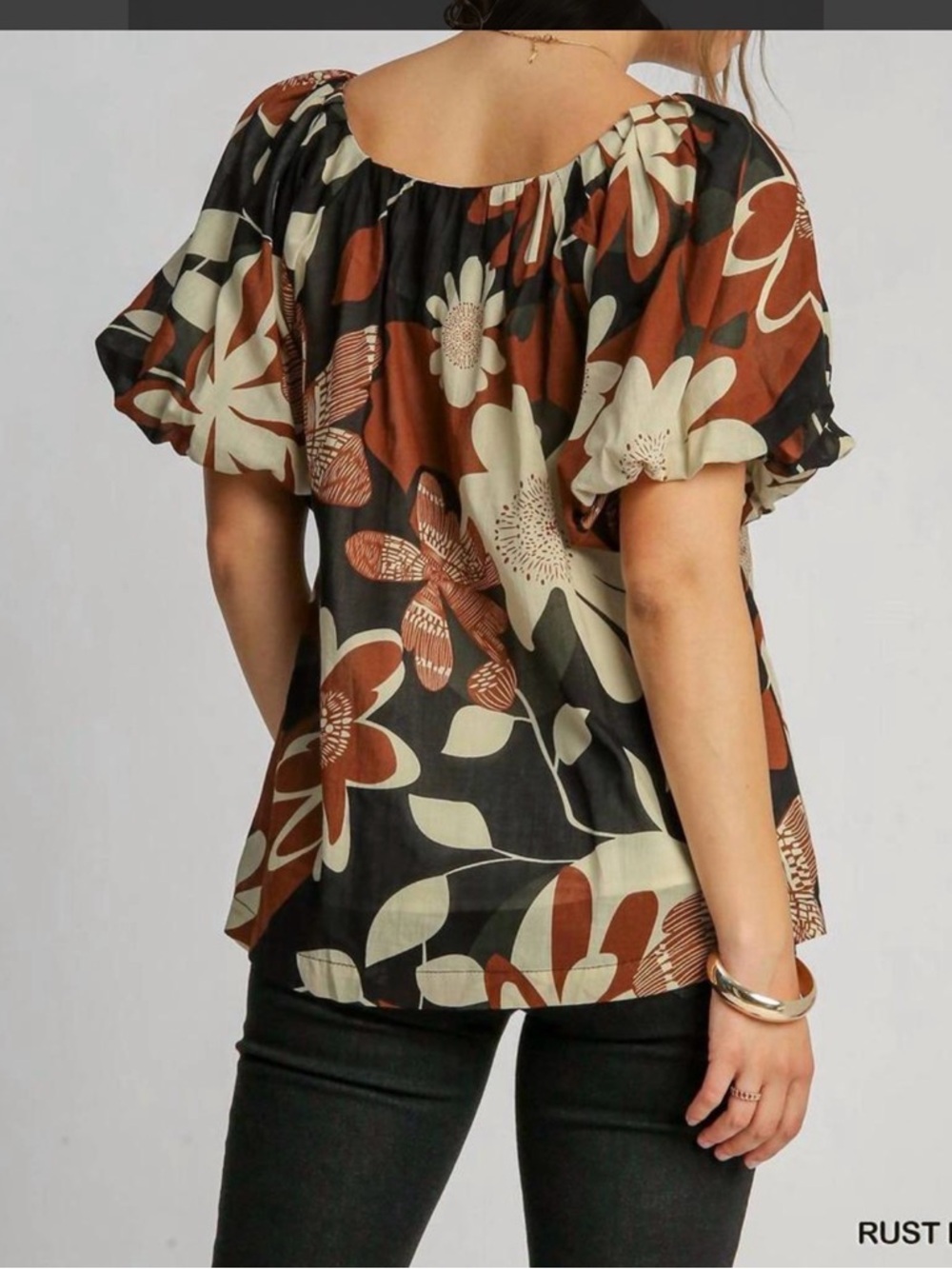Umgee Black & Rust Floral Puff Sleeve Blouse Size M - Picture 3 of 11